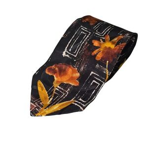 Hugo Boss Mens Silk Tie Black Orange Floral Geometric Abstract Made in Italy